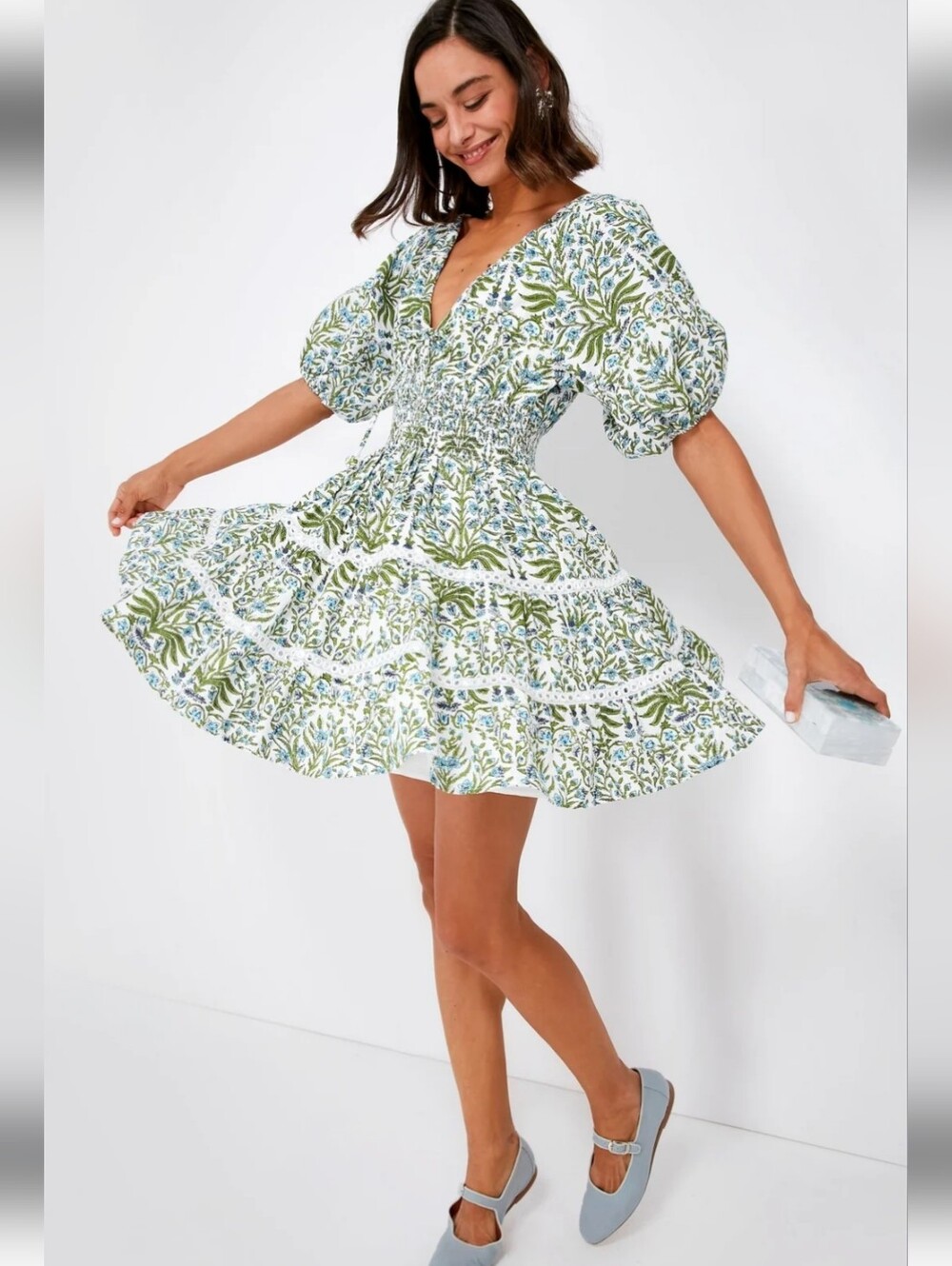 SAYLOR White Floral Puff-Sleeve Mini Dress with Green Print
